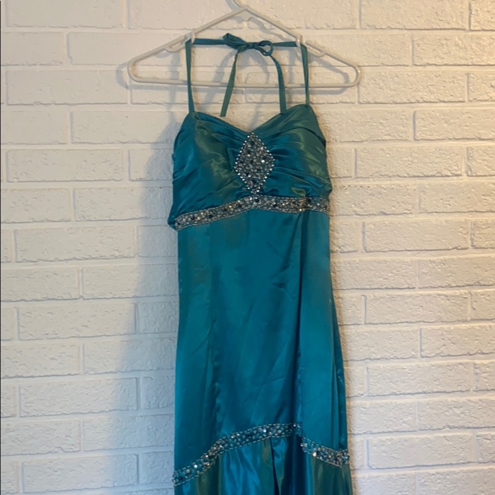 Turquoise satin, beaded mermaid prom dress